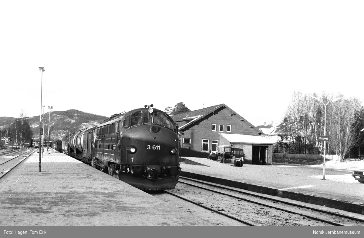 Diesellokomotiv Di 3 611 med godstog retning Hamar på Koppang stasjon