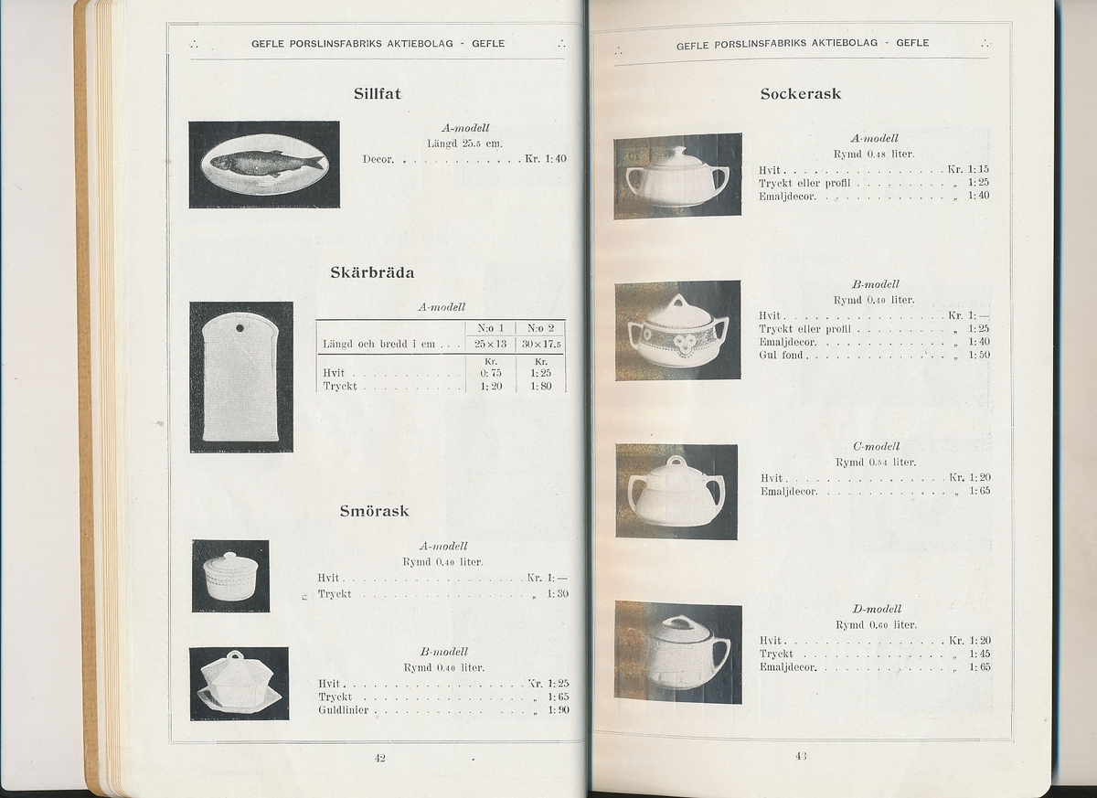 Produktkatalog, priskurant, över 1918 års produktion av keramik vid Aktiebolaget Gefle Porslinsfabrik.