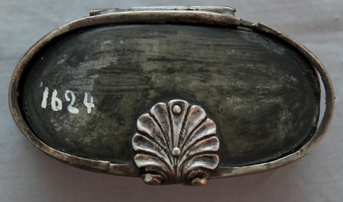 Oval kryddosa av mörk sköldpadd med silverbeslag. På lockets ovansida sitter en dekorativ snäcka i silver fastnitat på silverbandet. I botten finns intarsia föreställande blommor inlagt.