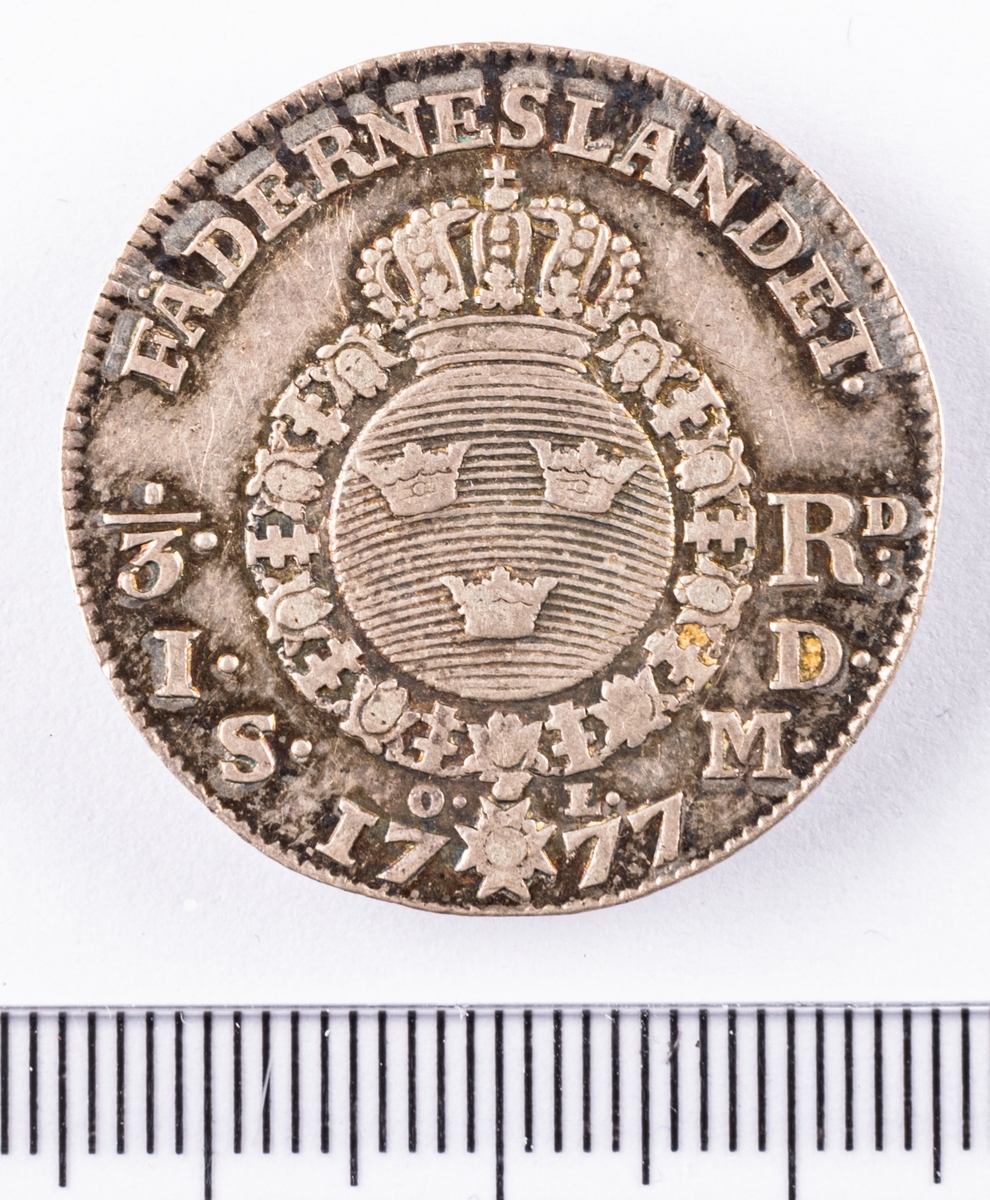 Mynt, Sverige, 1/3 riksdaler, 1daler s.m, 1777.