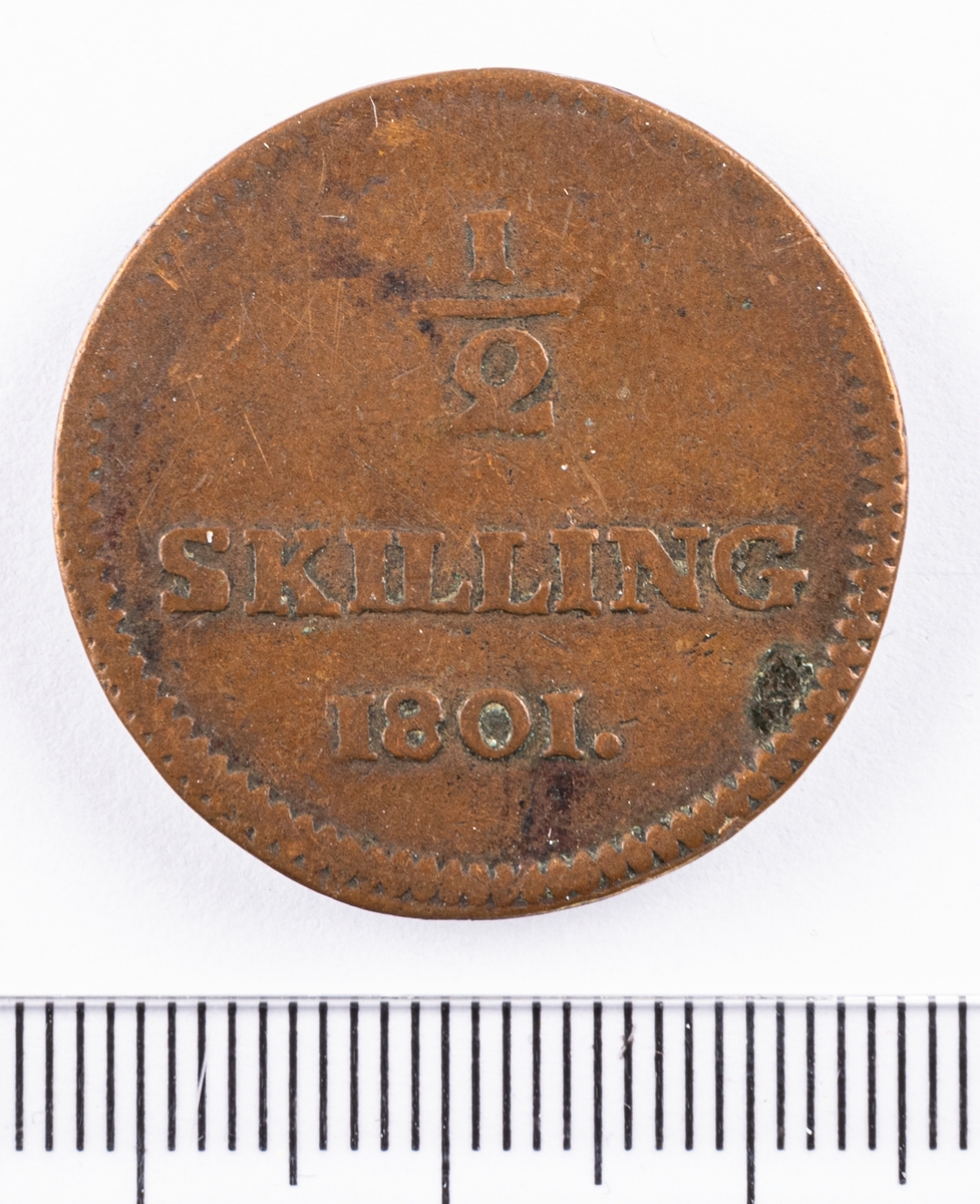 Mynt, Sverige, 1/2 skilling riksgäld, 1801.