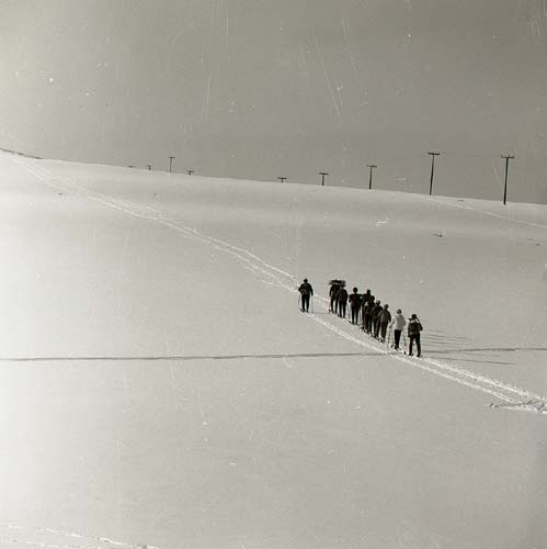 En grupp skidåkare på kalfjället, Storlien, Jämtland, våren 1969.