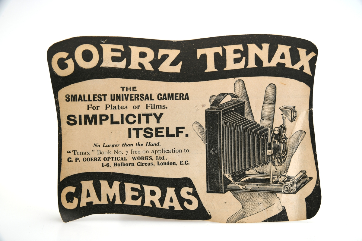 Reklameannonse på englesk klippet ut av avis eller blad for Goerz Tenax cameras.