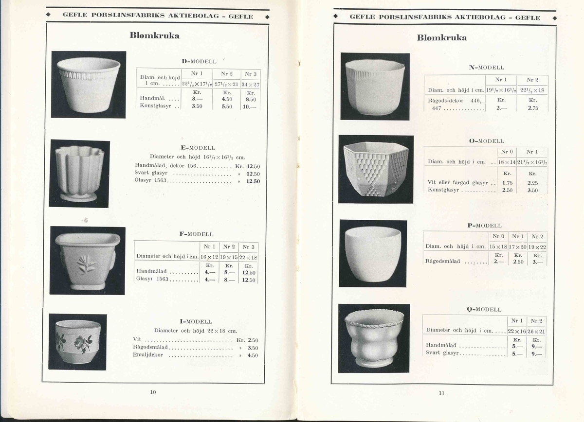 Produktkatalog, priskurant, över 1931 års produktion av keramik vid Aktiebolaget Gefle Porslinsfabrik.