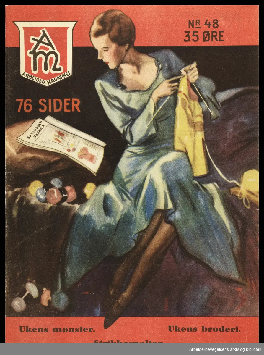 Arbeidermagasinet - Magasinet for alle. Forside. Nr. 48. 1933. Magasinets strikkeoppskrifter. Syklubben Skravla. Illustrasjon: Trygve Mosebekk..