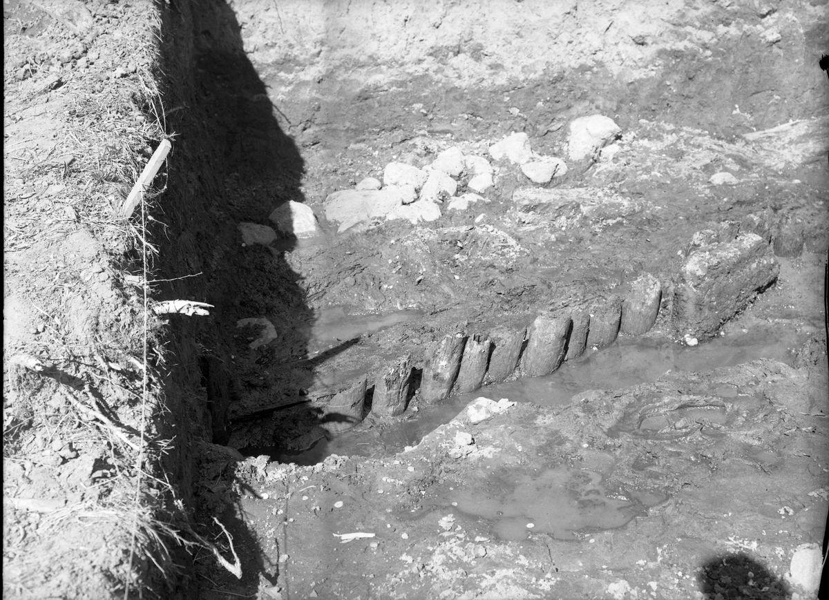 Rester efter palissadstolpar på rad och innanför dem en stenpackning, som kommit fram i schakt G vid de arkeologiska undersökningarna vid Rumlaborg i Huskvarna sommaren 1942.