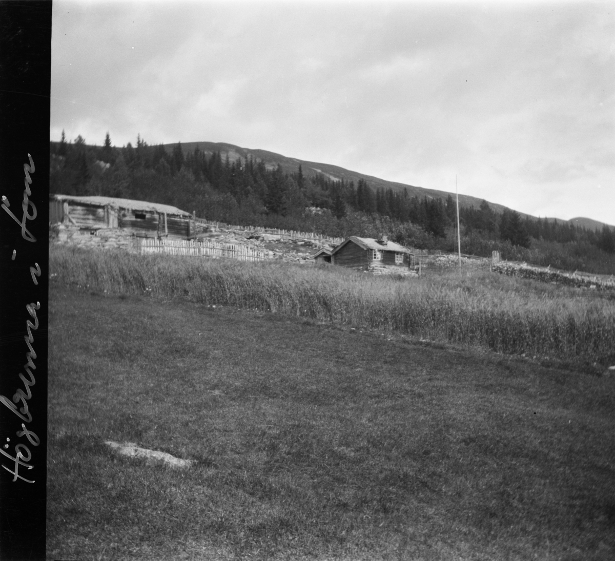 Landskapsbilde fra Høgbrenna i Flatmogredi i Lom, med jorde med antatt korn eller lin og fjøs, samt to mindre hus. I bakgrunnen granskog og fjell.