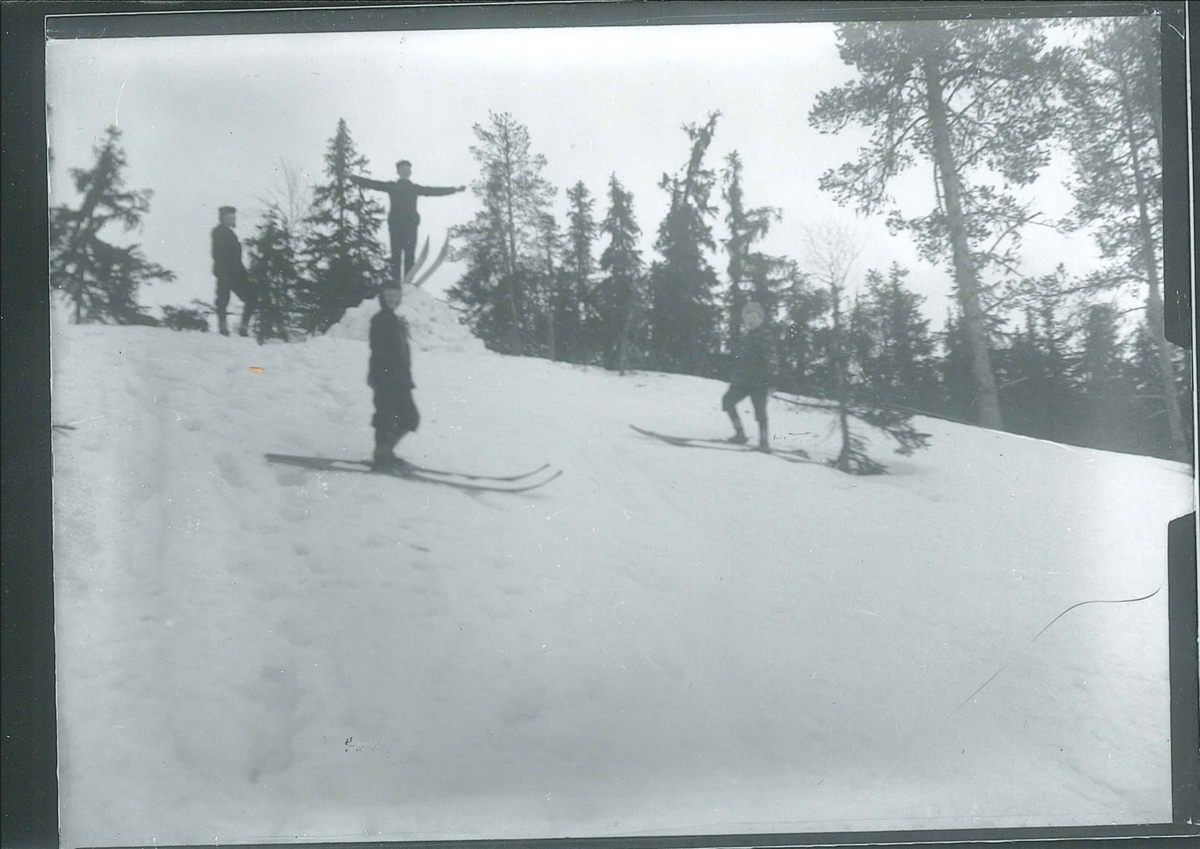 Fire unge menn holder på med skihopping. Hopper er i farta over hoppet. Furu- og granskog i bakgrunnen.