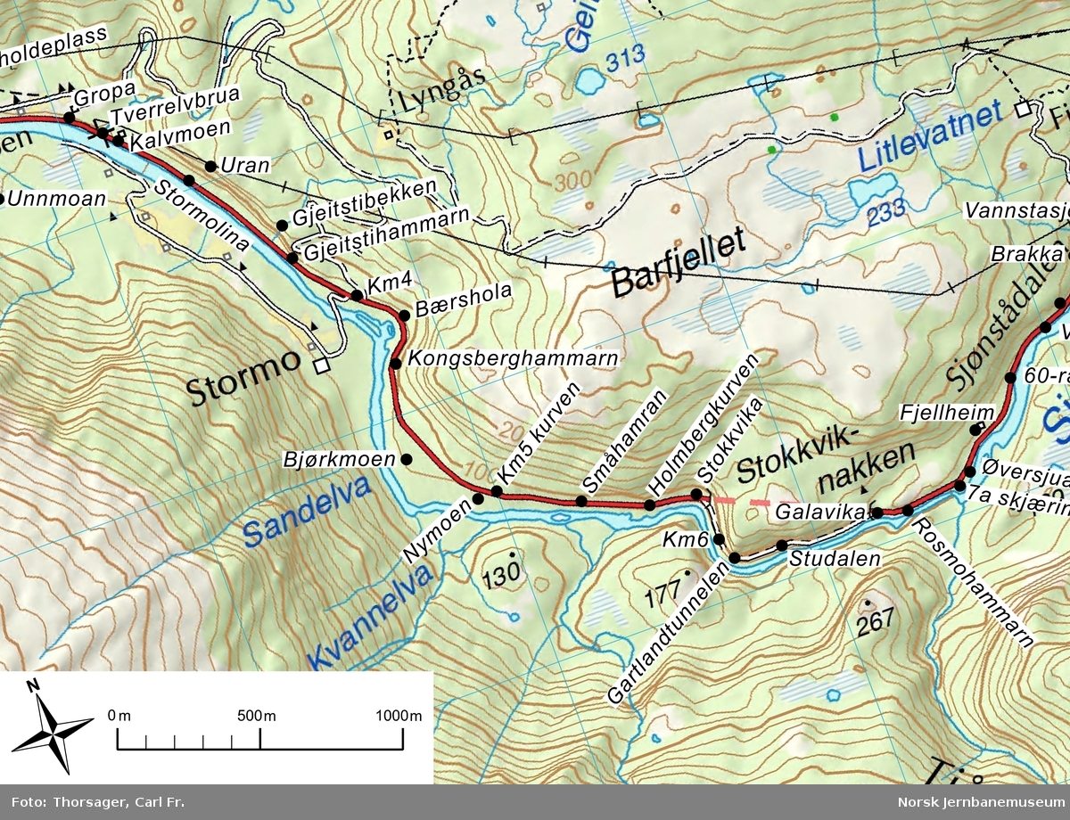 Sulitjelmabanens nedlagte trase like nedenfor gården Fjellheim (Næsje) på vei mot 7a- skjæringa, se kart