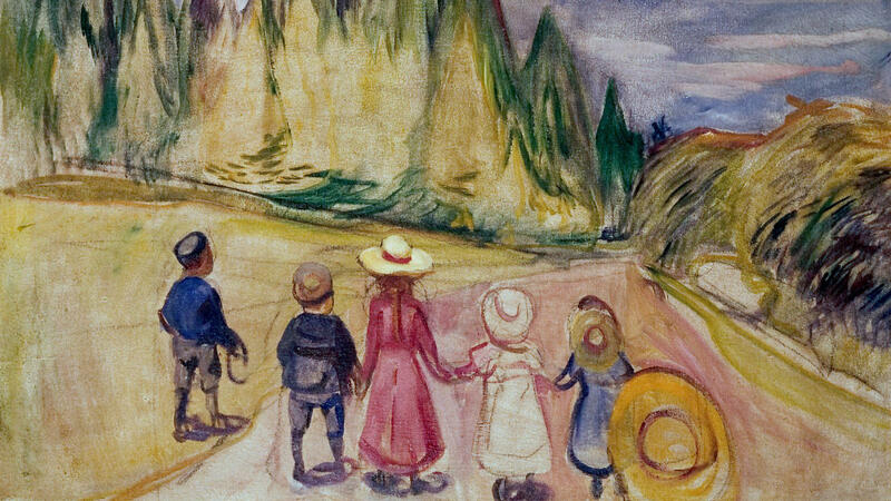 Bildet viser Edvard Munchs maleri Eventyrskogen, med fem barn som holder hender. (Foto/Photo)
