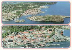 Blindtarmen og byen Kragerø sett fra lufta. Postkort.
