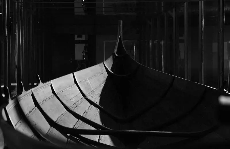 Original Viking boat from the Gokstad find with clinker-built planks on display at the Norwegian Maritime Museum.