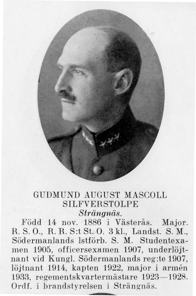 Strängnäs 1934


Major Gudmund August Mascoll Sifverstolpe
Född: 1886-11-14 Västerås
Död: 1970-06-26 Strängnäs
