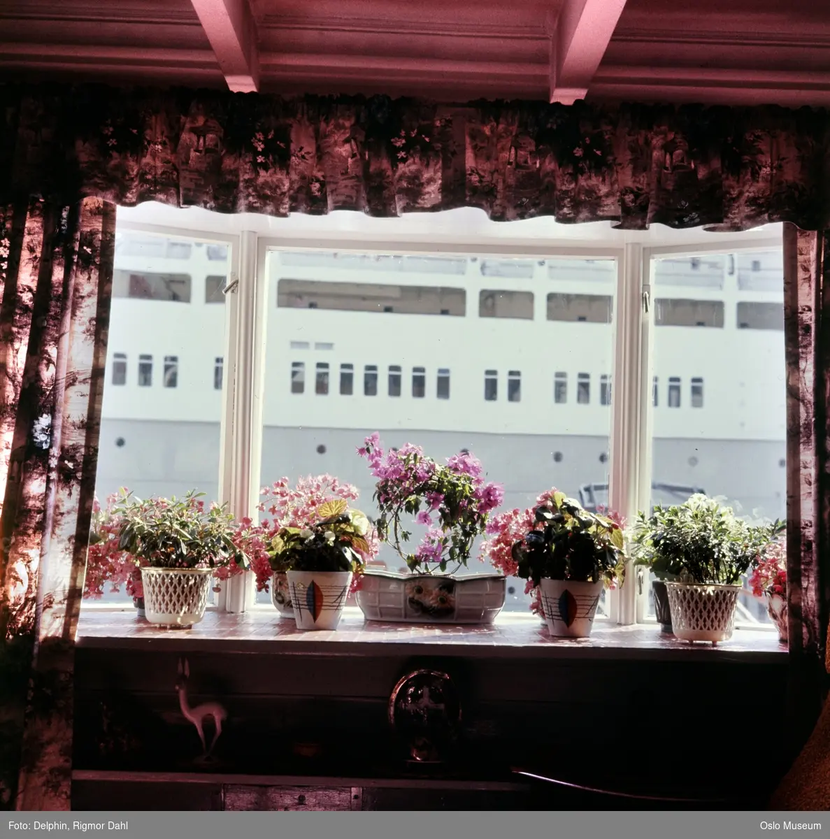 trehus ved kaien, interiør, blomster i stuevindu, skip
