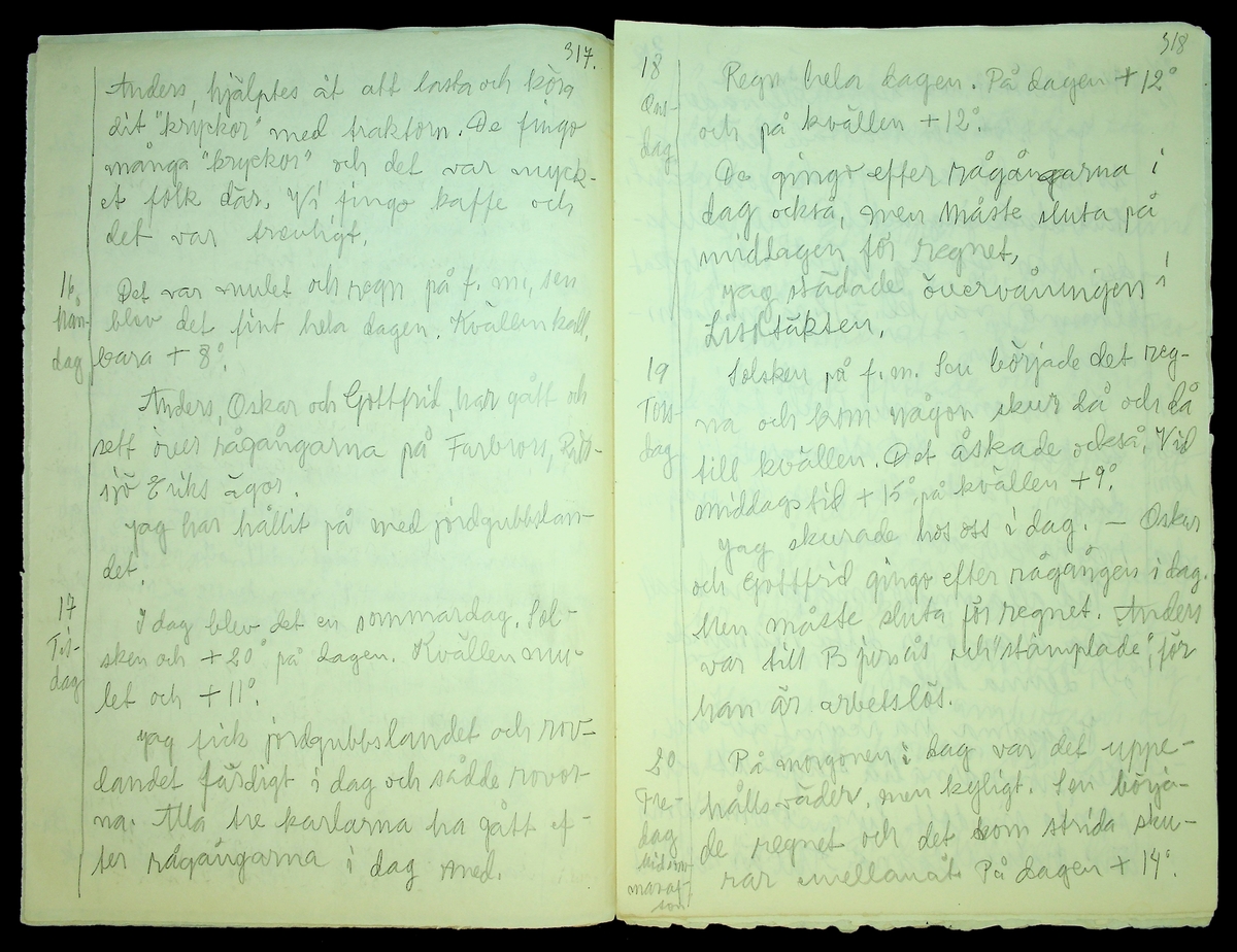 Bondedagbok skriven åren 1958-1959 av Rällsjö Brita på Rällsjögården i Bjursås socken.
Innehåller anteckningar om bl.a. hushållsarbete, diverse händelser och observationer (Sputnik I och II).