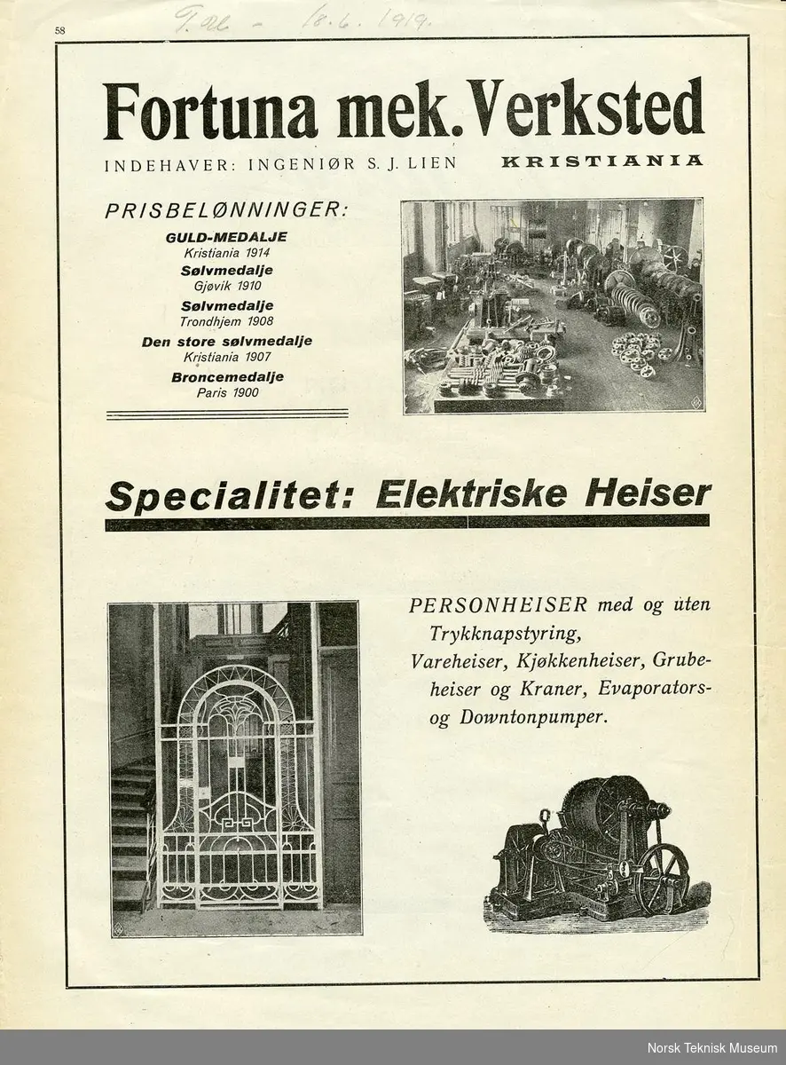 Reklame for Fortuna mek. Verksted, Kristiania i Teknisk Ukeblad 18.6. 1919. Viser bl.a. heis med smijernsgitter