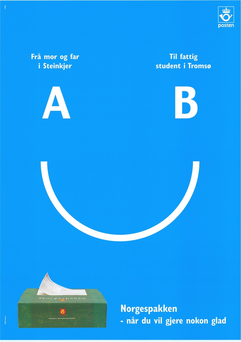 Plakat med blå bunnfarge, tekst og motiv. Plakaten er tosidig med tekst på bokmål og nynorsk, på hver sin side.