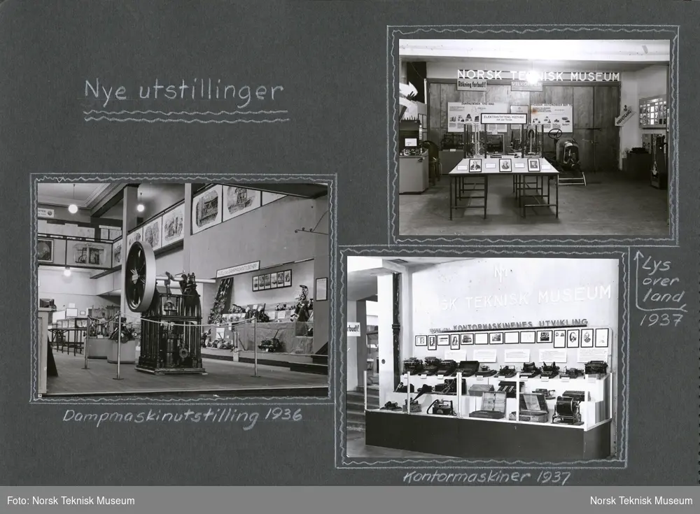 Albumblad, nye utstillinger ved museet, Dampmaskinutstillingen i 1936, Lys over land i 1937 og Kontormaskiner i 1937