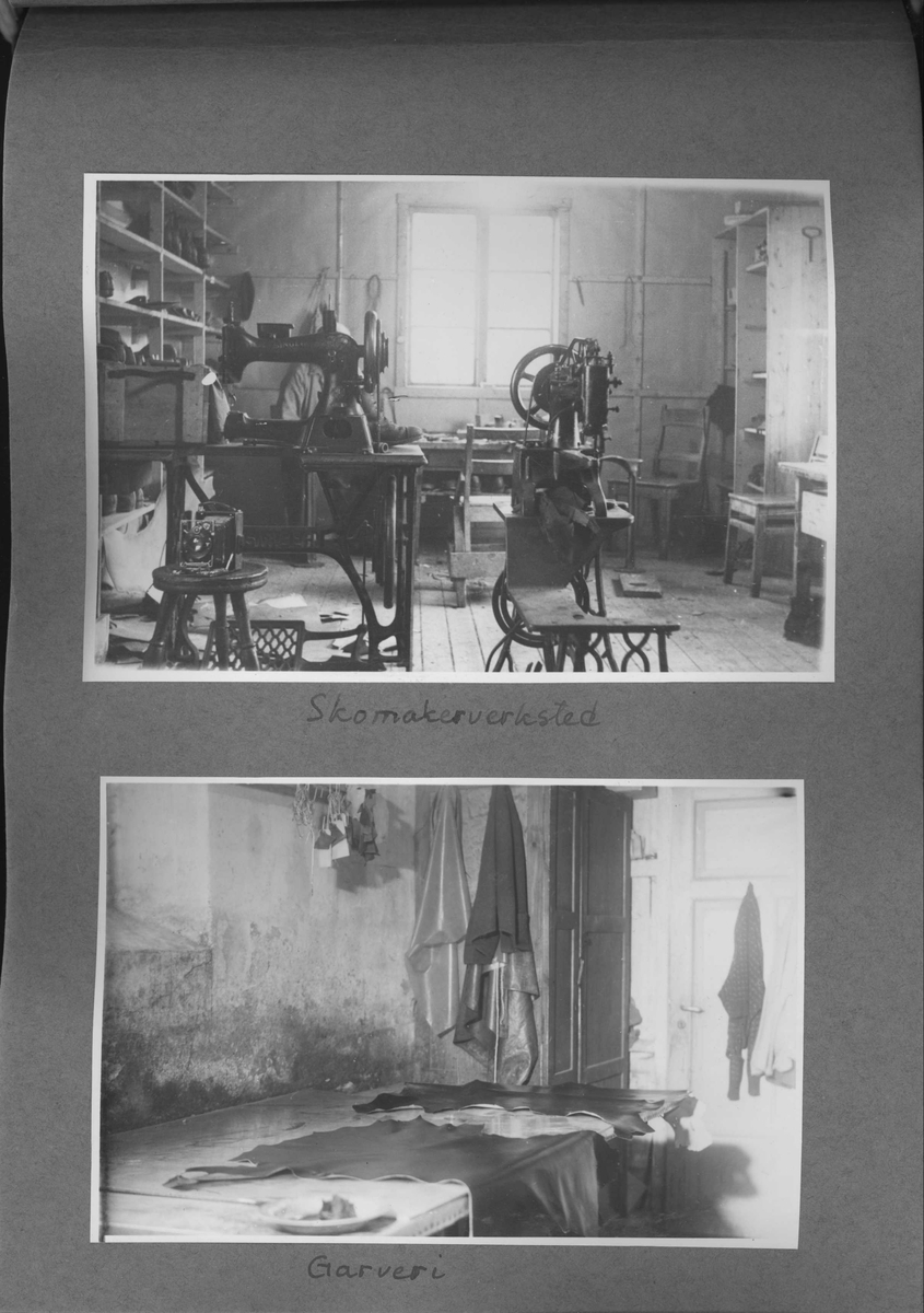 Side fra Kjeld Bugges fotoalbum. Innherad fangeleir - skomakerverksted og garveri.