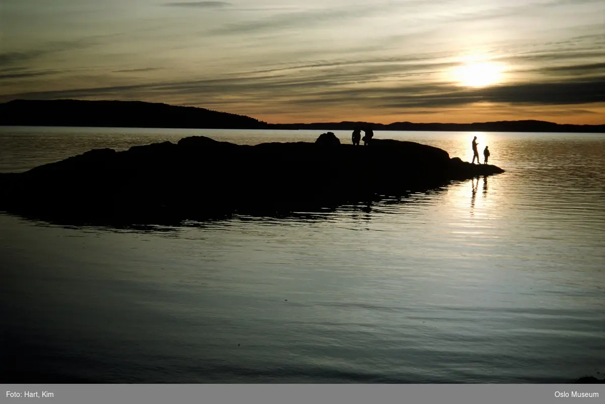 strand, utsikt, fjord, mennesker, solnedgang