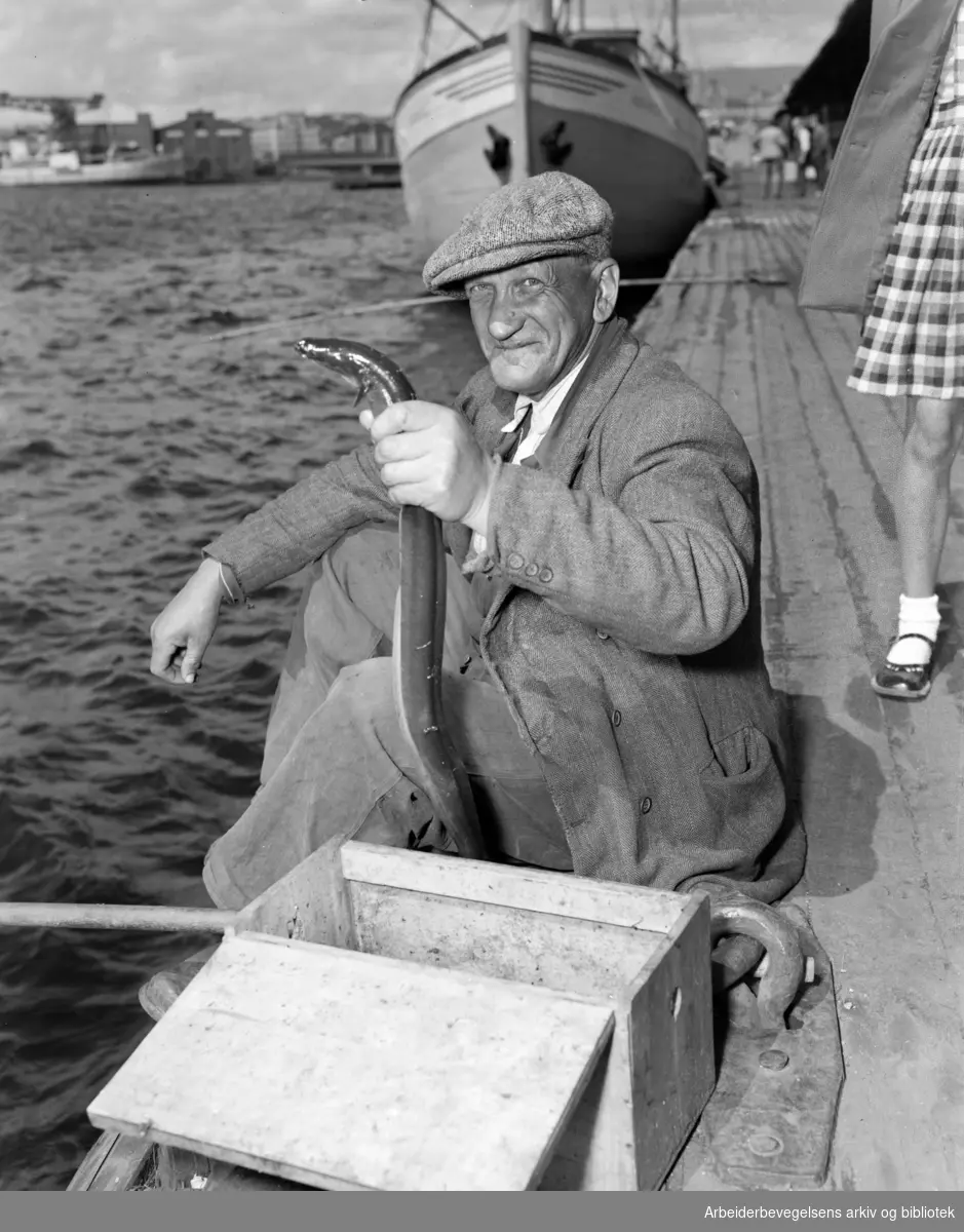 Bryggefisker med nyfanget ål. Akershusbrygga. Juli 1951