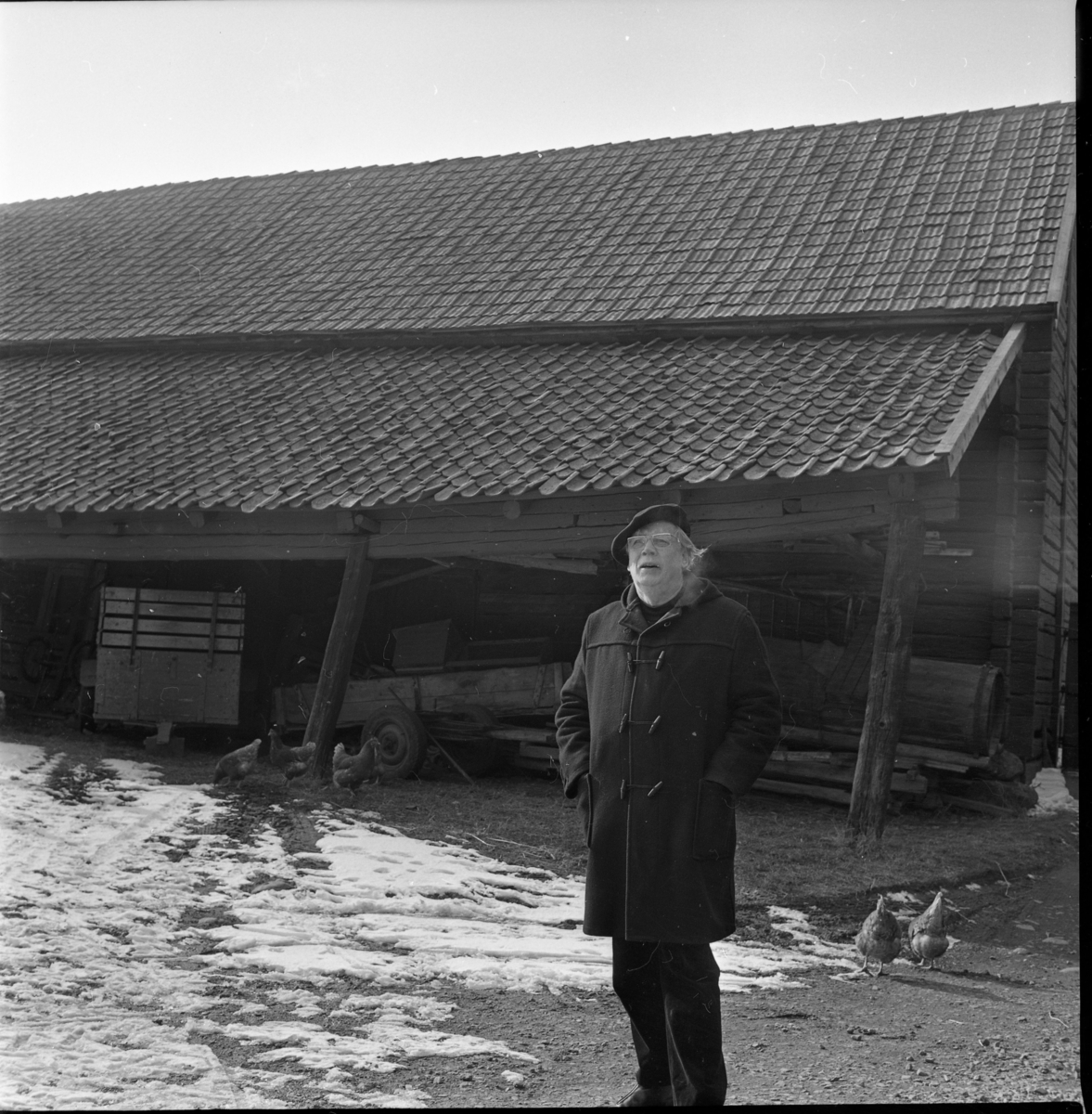 En man med basker och rock står på gårdsplan till Gränna prästgårds ekonomibyggnader - ett vagnslider. Höns går i bakgrunden.