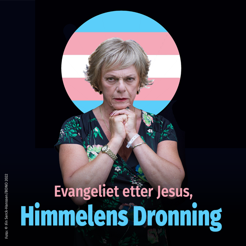 Esben Esther Pirelli Benestad sitter med foldede hender med transgenderflagg formet som en glorie. (Foto/Photo)