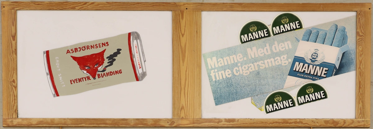 Til venstre er en pakke med Eventyr blanding og til høyre en pakke med Manne og skriften: "Manne. Med den fine cigarsmag."