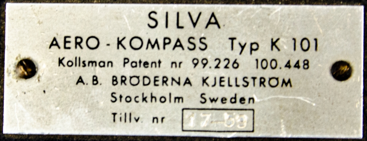 Kompass, Silva, typ K 101. Tillverkad av Silva Sweden AB, A.B. Bröderna Kjellström, Stockholm, Sverige.