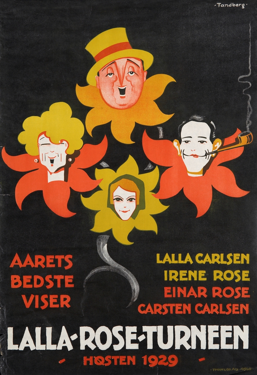 Plakat for LALLA/ROSE/TURNEEN, Høsten 1929, med Lalla Carlsen, Einar Rose, Irene Rose og Carsten Carlsen.