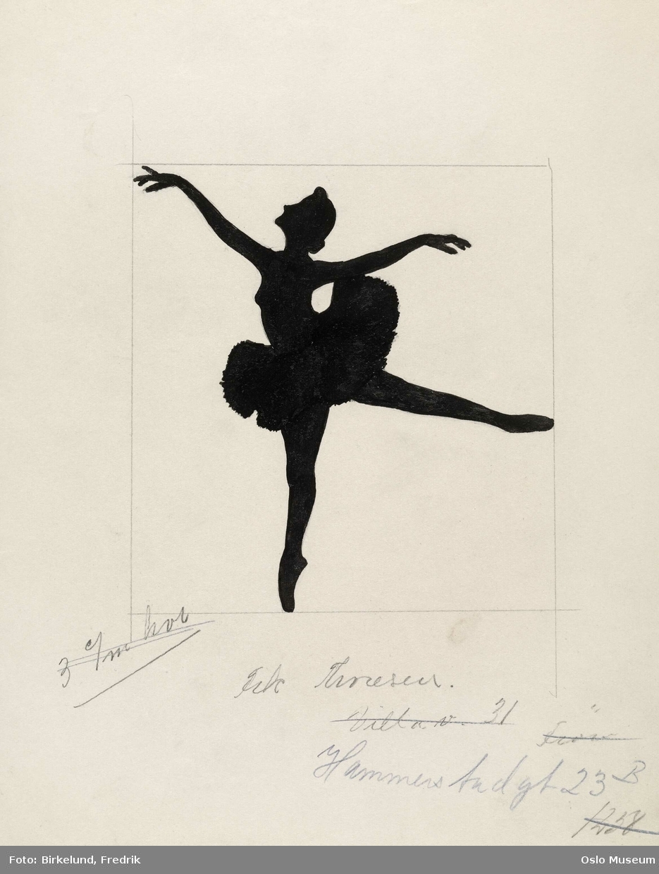 Kvinnelig danser, poserer med tutu, silhuett. Tegning brukt som logo for Rita Toris ballettskole.