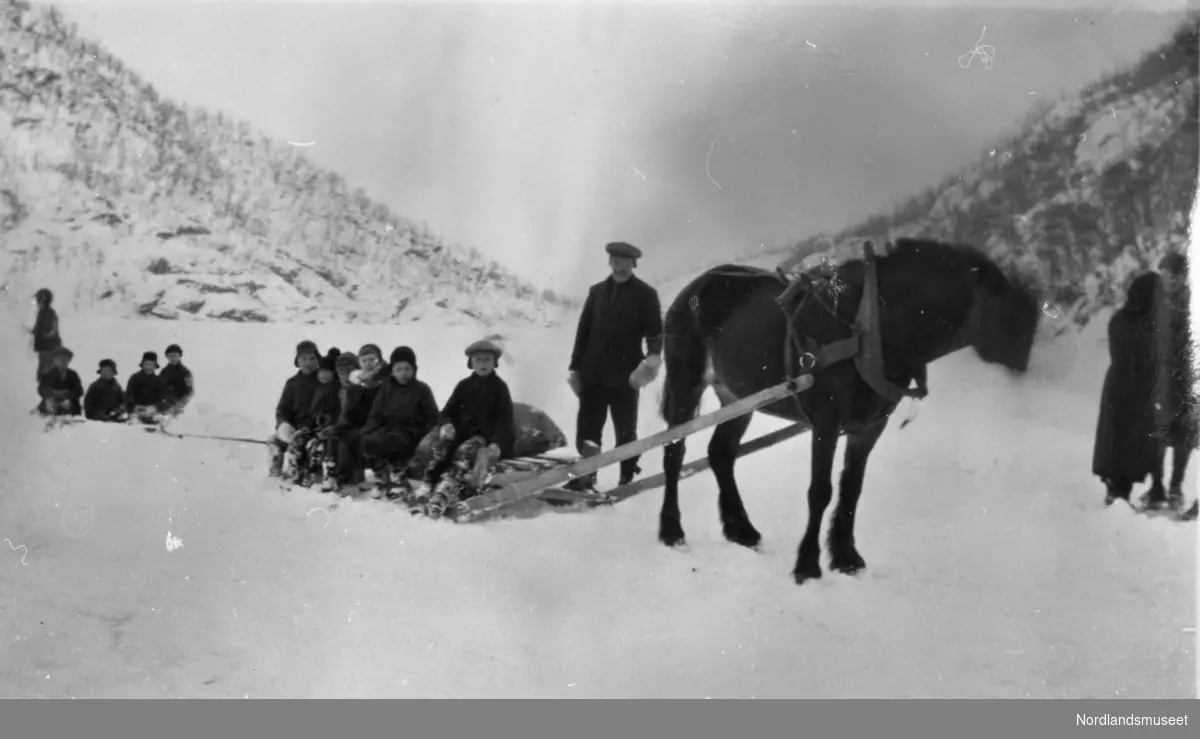 Utflukt ved Gyltvikvatnet. Peder Pedersen med hesten. Barn på sleden.