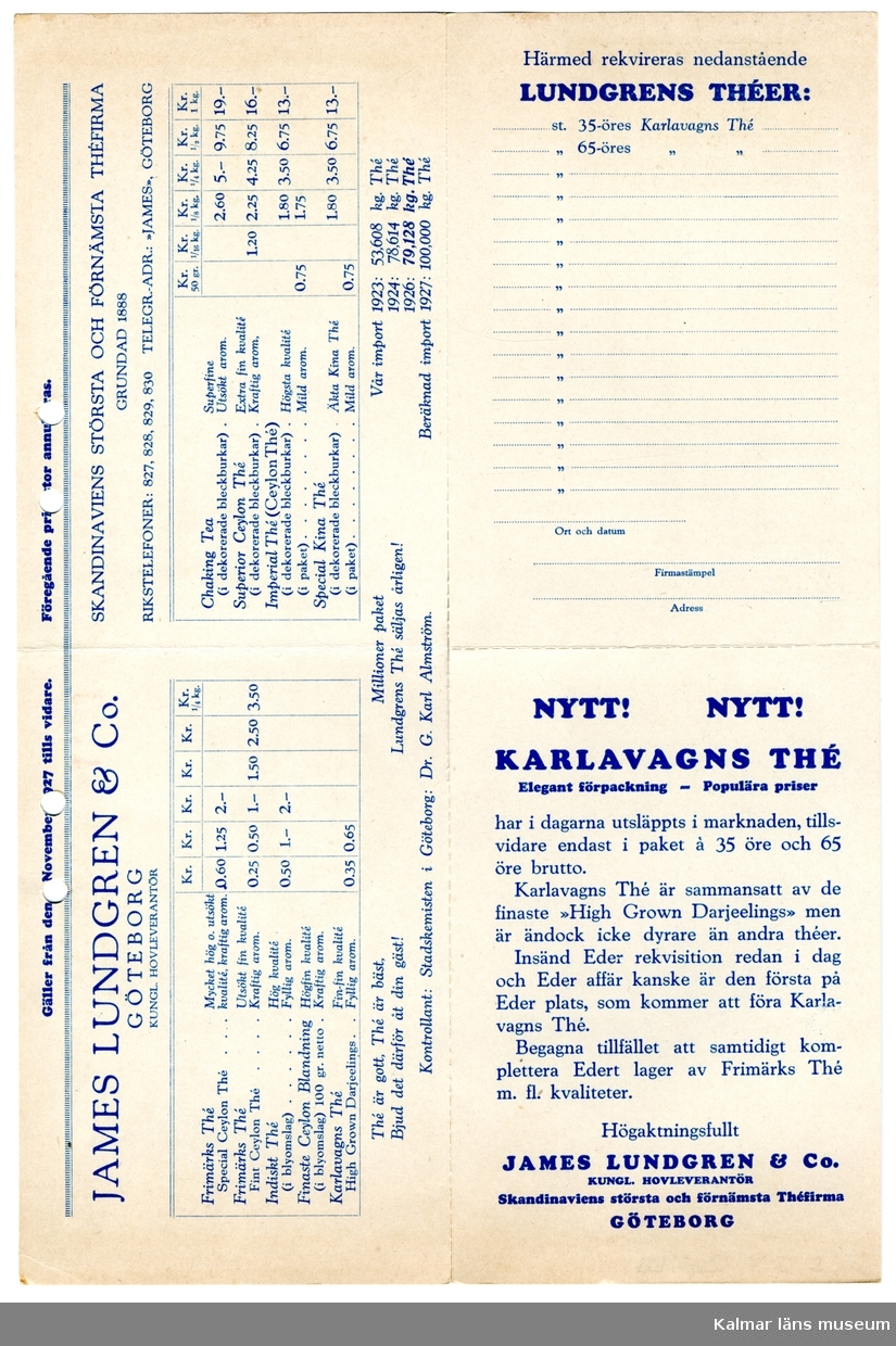 KLM 46521:592:1-2 Brev. Av papper. Brev, en prislista och två brevkort från James Lundgren & Co., Göteborg till Firma Lisa Jonsson, Tålebo. Handlingen är daterad 1/11 1927.