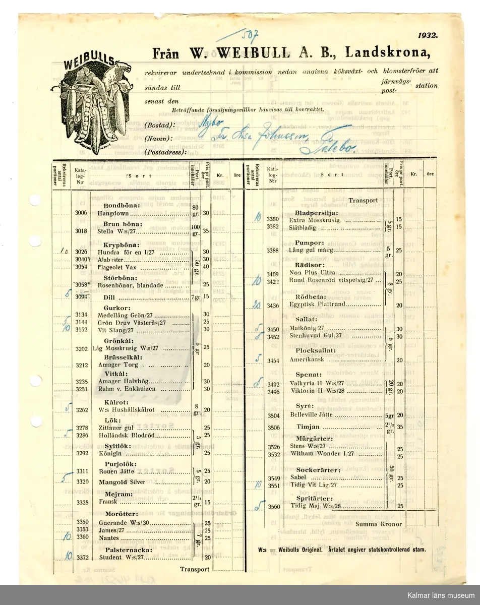 KLM 46521:1616 Beställning. Av papper. Beställning från Fr. Lisa Johnsson, Tålebo till W. Weibull A. B., Landskrona. Handlingen är daterad 1932.