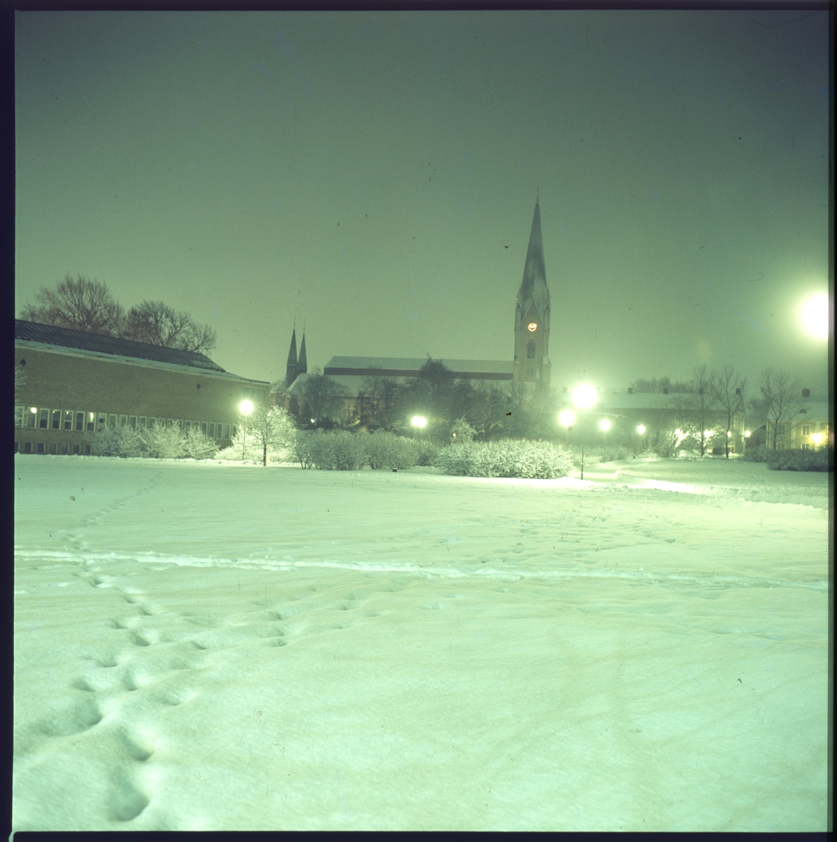 Muséeparken i kvällsbelysning en vinterdag.