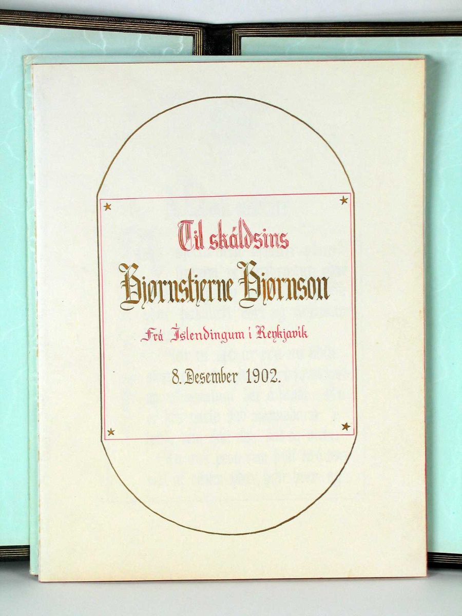 Adresse med mappe i mørkebrunt skinn med gullskrift på forsiden. Løse doble blad med mange hilsener i gullrammer. Adressen er skrevet med gotiske bokstaver i svart, rødt og gull.
