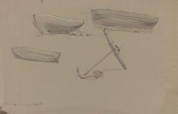 Tre båter og et anker på land [Tegning]