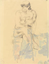 Kvinneakt sittende på taburett [Tegning]