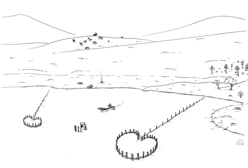Illustrasjon av fiskefeller i fjellvannet Tesse, 850 moh.