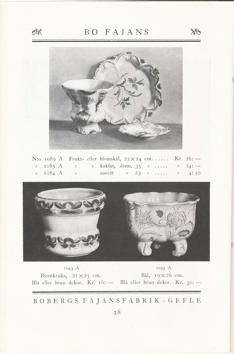 Produktkatalog från Bo Fajans 1930. Handdekorerade fajanser komponerade av Eva Jancke Björk, Allan Ebeling och Maggie Wibom.