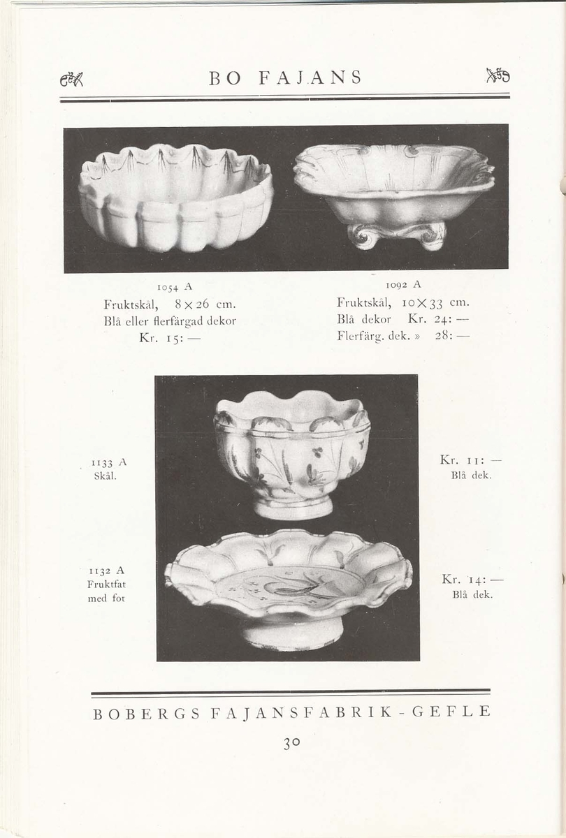 Produktkatalog från Bo Fajans 1930. Handdekorerade fajanser komponerade av Eva Jancke Björk, Allan Ebeling och Maggie Wibom.