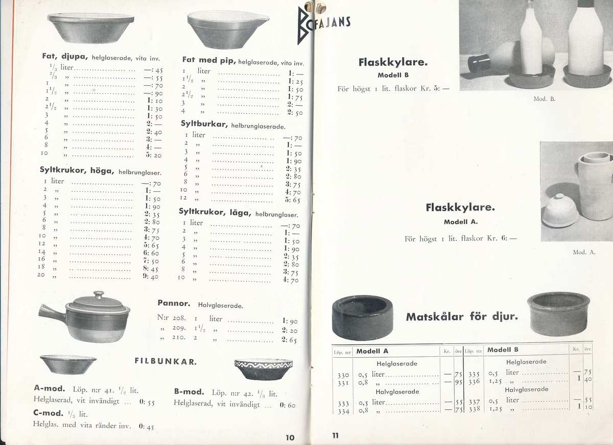 Prislistor från Bo Fajans 1940 och 1942, över hushållskärl, blomkrukor, amplar och hushållsfajans. Två sammanhäftade prislistor.