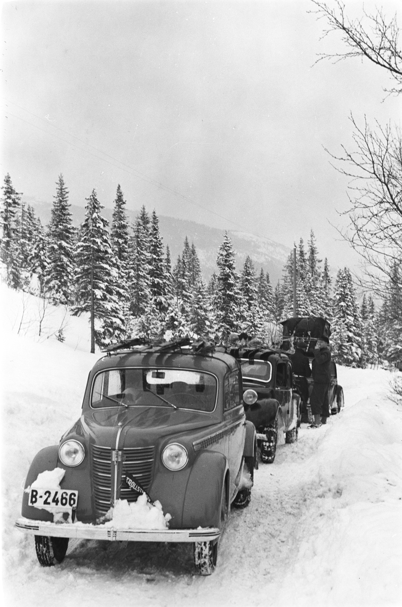 Tre biler parkert med påsketurister på vei til fjells. Bil reg.nr. B-2466. Fotografert 1940.