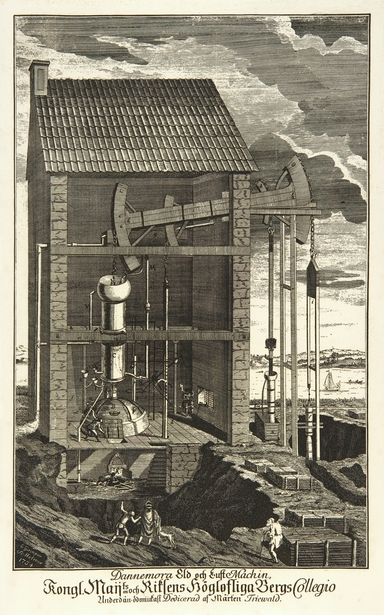 Kopparstick över "Dannemora eld- och luftmaskin", inom glas och ram. Byggd 1734 vid Dannemora gruvor av Mårten Triewald.