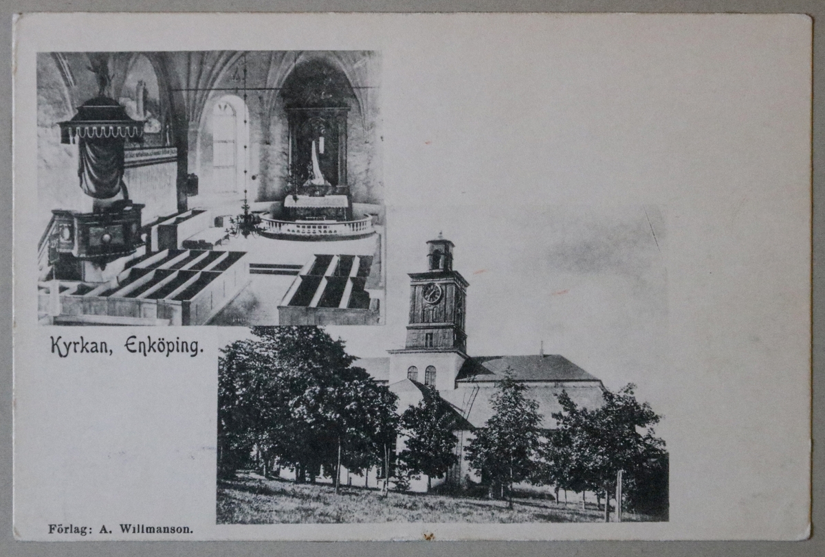 Vykort med motiv av Vårfrukyrkan, Enköping. Vykortet har två delfoton inlagda i varsin rektangel. Det ena fotot avbildande kyrkans interiör och det andra dess exteriör.