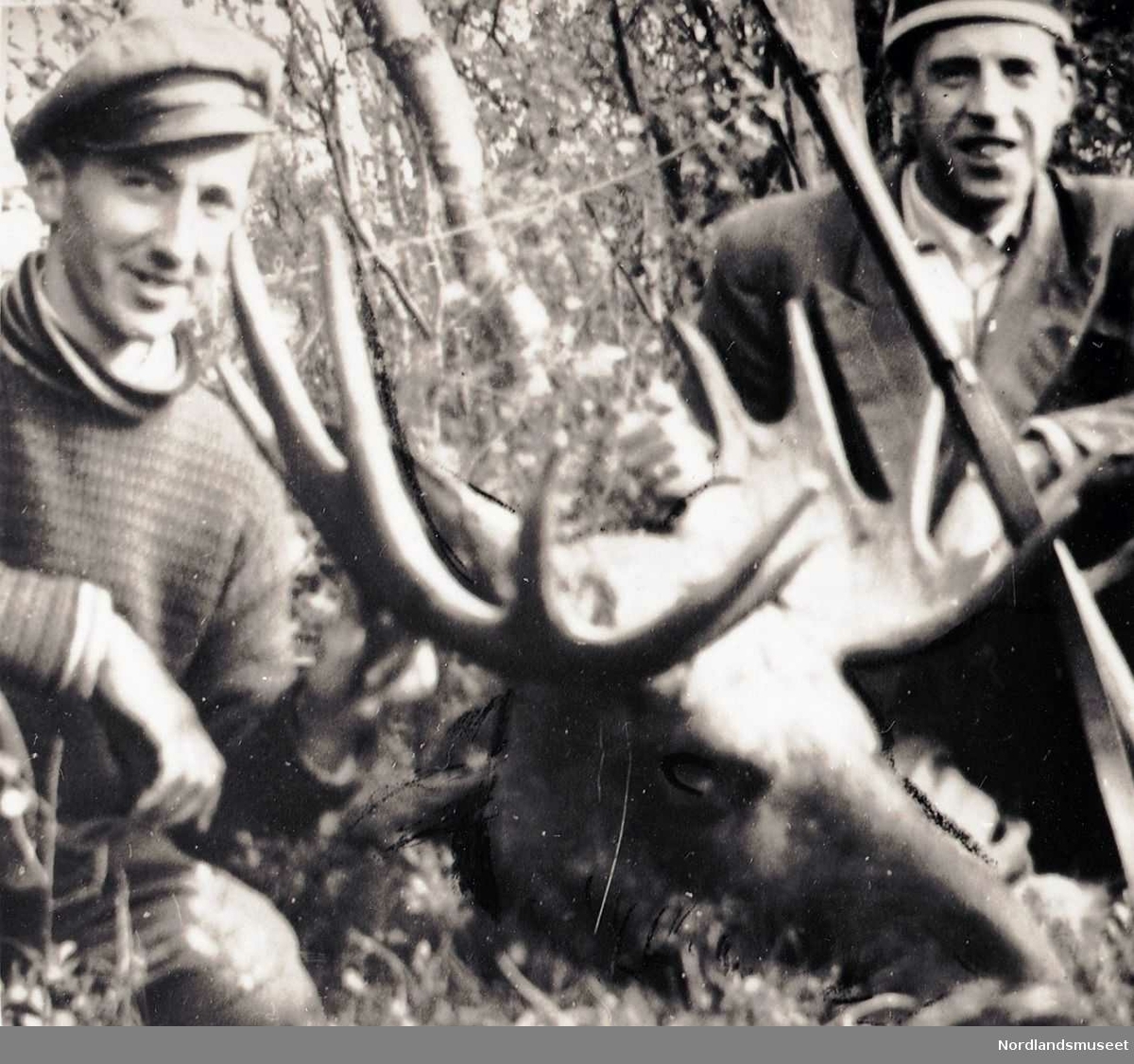 To menn, et elghode mellom dem, mannen til høyre har et gevær. Elgjegerne er Egil Johansen og Harald Kjeldså.
