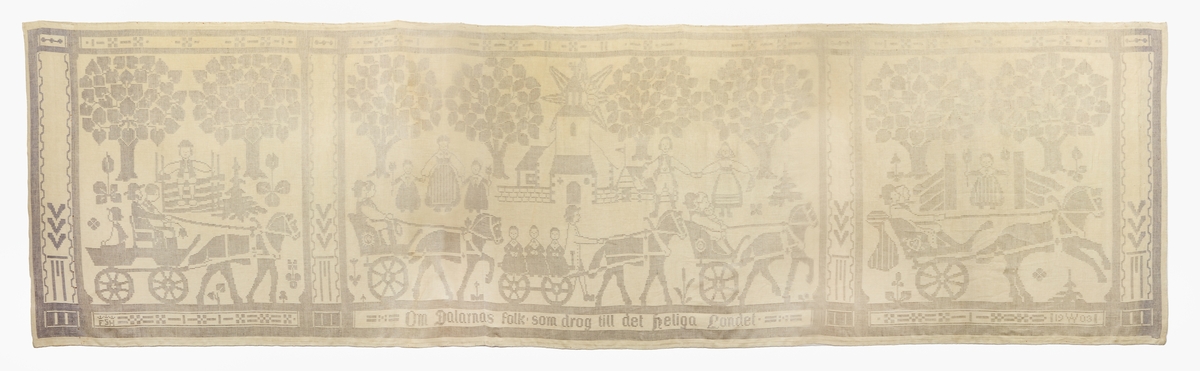 Väggbonader, 3 st. Bredd: 2100, 5250 och 5950 mm, vävda i dukagång, grått mönster på vit botten med scener ur "Jerusalem", 1903.