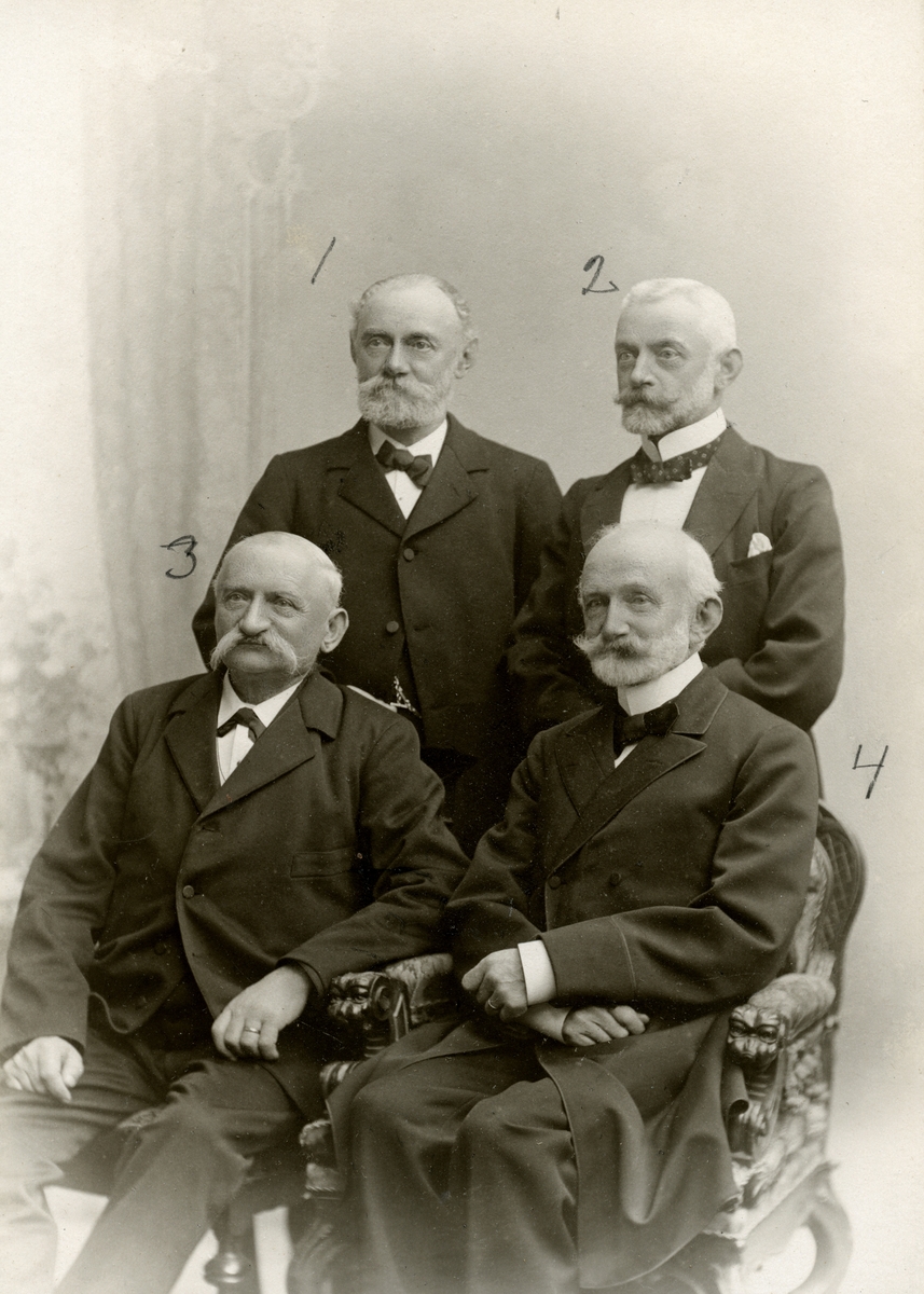 Bröderna Claes (1), Henrik (2), Thure (3) och Gustaf (4) Sandberg samlade i stockholmsfotografen Anna Edlunds ateljé. Samtliga födda i Linköping under perioden1831-1850, kom tre av bröderna att i respektive vuxen ålder etablera sig i Stockholm. Claes som tobakshandlare, Henrik som bokhandlare och Gustaf som revisor. Brodern Thure hade för sin del valt en yrkesbana som jägmästare och hade större delen av sitt liv varit bosatt i Motala.