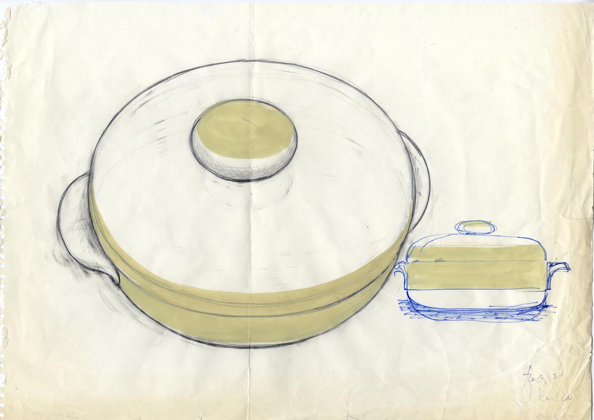 Kaffekopp och fat med ett bladaktigt mönster med prickar som bildar en bred bord på koppen, samma mönster på kannans mitt och på locket.