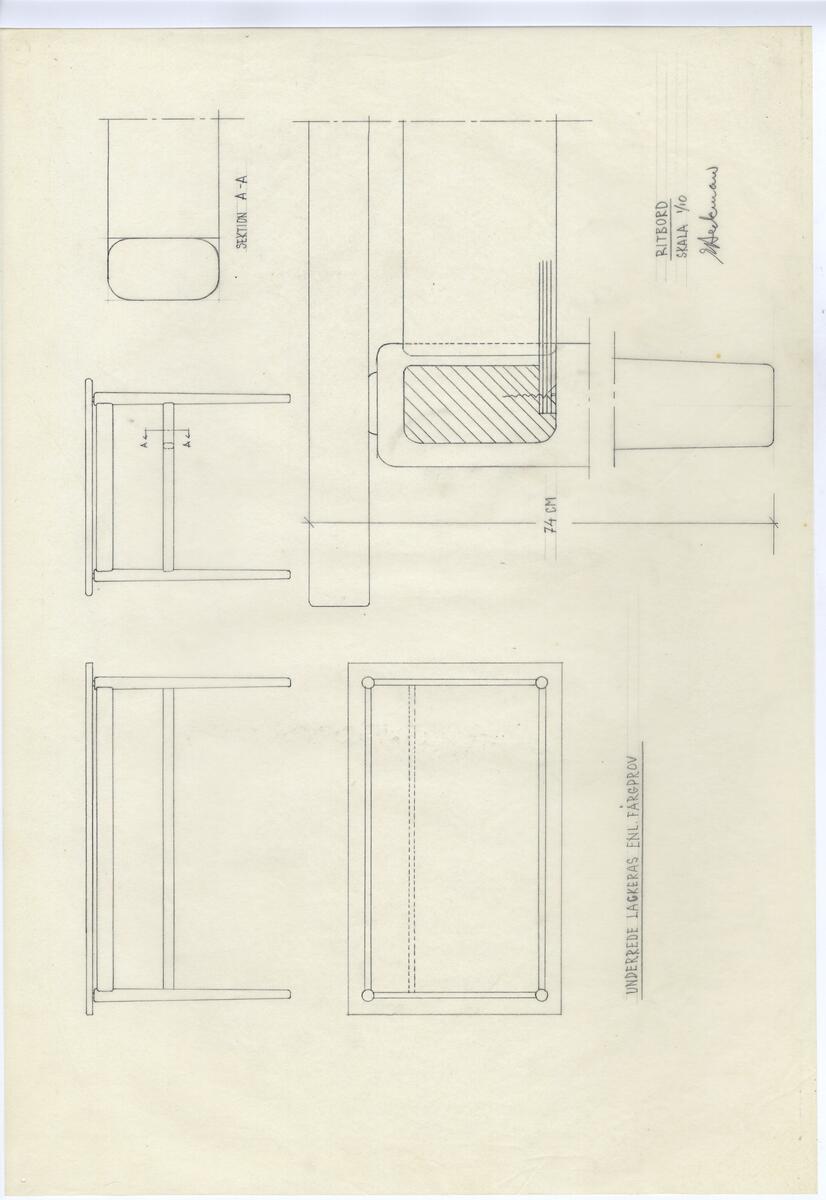 Skisser på olika slags möbler: säng, bord, fåtölj. Åtta olika rader med olika små skisser. Tömd pärm egen placering, 85 st.
